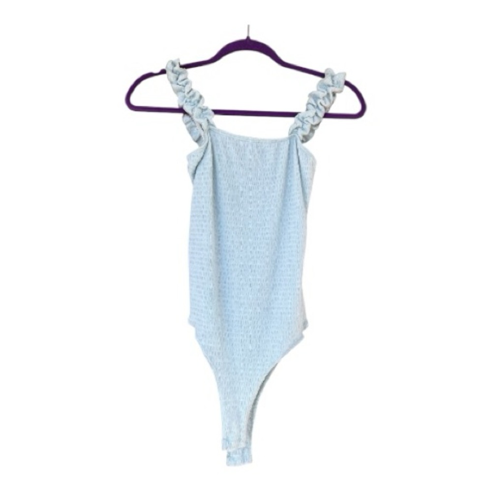 Wasabi + Mint Light Blue Smocked Ruffle Strap Bodysuit Size M
